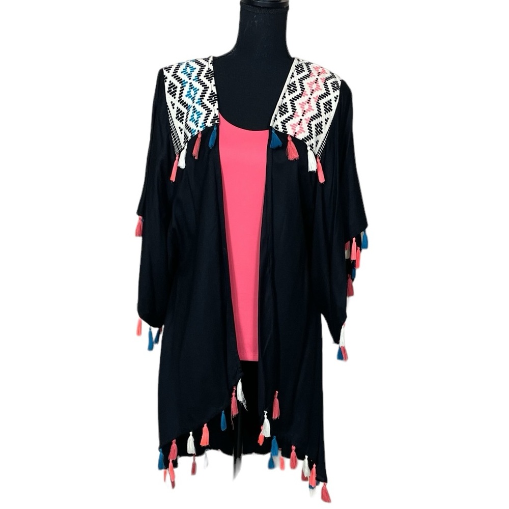Judith March Black with Multicolor Tassels Kimono Shrug (GMH)